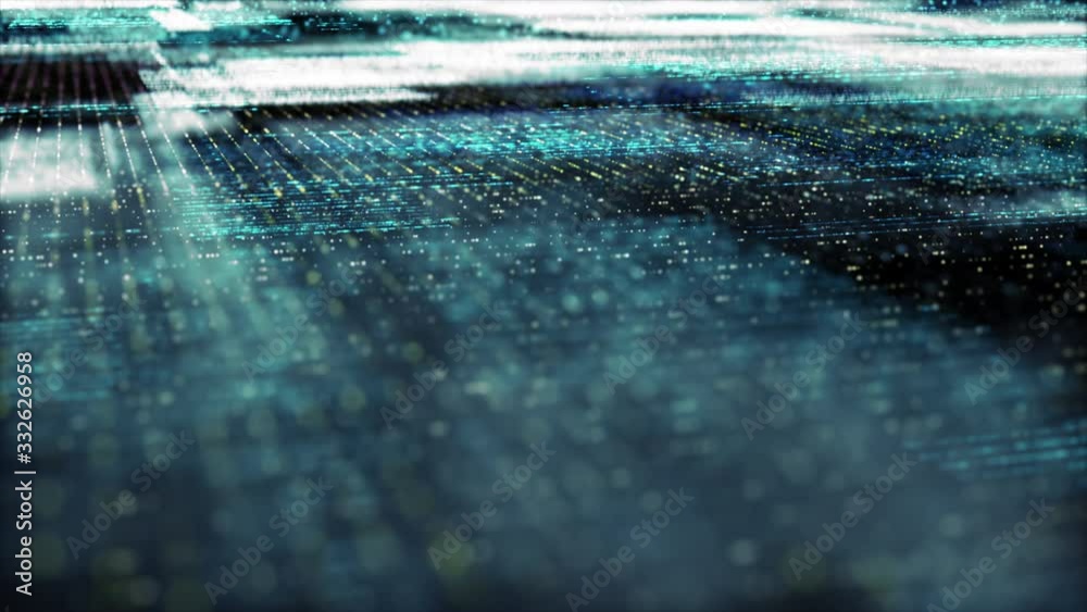Poster Futuristic digital generated motion abstract matrix particles de-focus grid in cyber space digital background environment