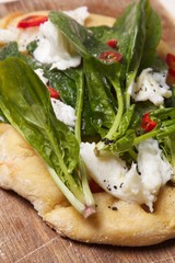 Tasty vegetarian pizza with mozzarella cheese and spinach