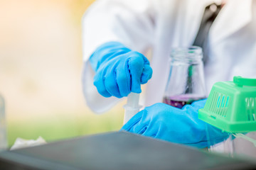 Close up background Of concepts for scientific learning experiments,color mixing from leaves,chemical composition and syringe use together