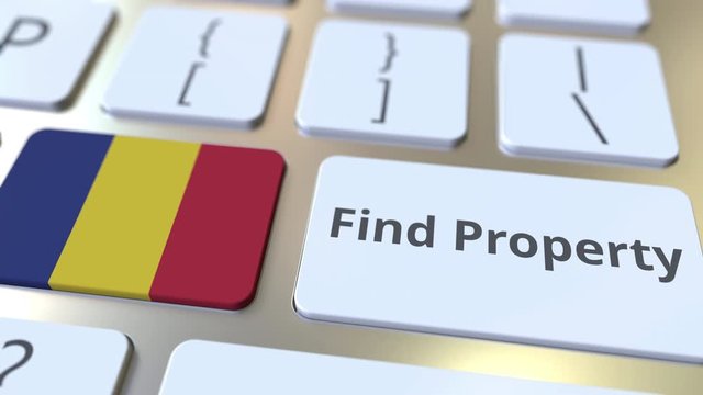 Find Property text and flag of Romania on the keyboard. Online real estate service related conceptual 3D animation