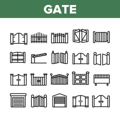 Foto op Aluminium Gate Entrance Tool Collection Icons Set Vector. Garage And Parking Barrier Security Equipment, Metallic Material Residence Gate Concept Linear Pictograms. Monochrome Contour Illustrations © vectorwin