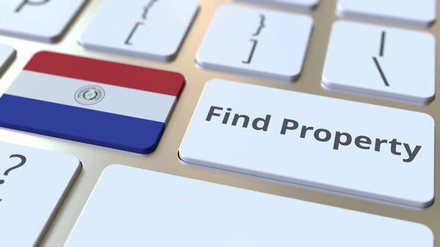 Find Property text and flag of Paraguay on the keyboard. Online real estate service related conceptual 3D animation