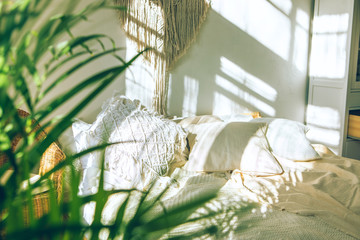 Cozy boho style sunny bedroom with close up of green fresh tropical houseplant palm leaves. Urban...