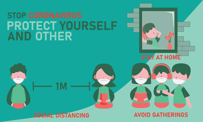 Fototapeta premium stop corona-virus COVID-19 outbreak.Protect yourself and other. quarantine stay at home, avoid gathering, and social distancing. vector flat design.