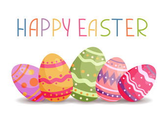 Happy Easter greeting card with easter colorful eggs. Vector illustration in simple flat style. Stock illustration