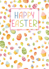 Happy Easter greeting card with easter colorful eggs and muffins. Vector illustration in simple flat style.