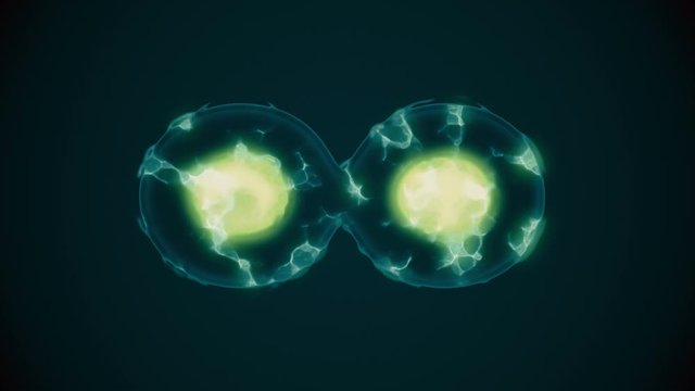 Abstract 3d render of cell fusion in the human body. Cell fusion through a microscope on a dark background.