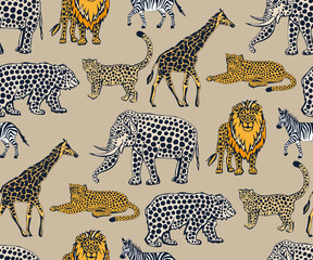 Vector background hand drawn exotic wild animals. Hand drawn ink illustration. Modern ornamental decorative background. Vector pattern. Print for textile, cloth, wallpaper, scrapbooking