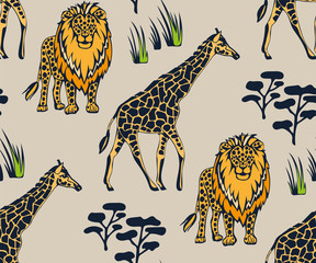 Vector background hand drawn exotic wild animals. Hand drawn ink illustration. Modern ornamental decorative background. Vector pattern. Print for textile, cloth, wallpaper, scrapbooking