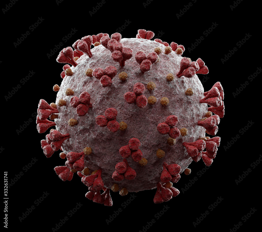 Poster 3d rendering of the coronavirus on a microscopic level isolated on black background. microscope clos