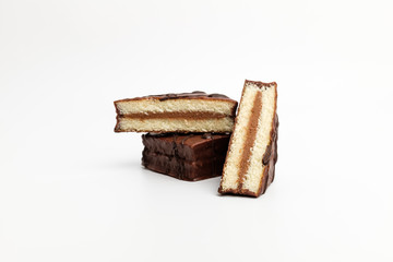 Chocolate dessert cake on white background