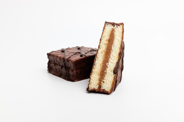 Chocolate dessert cake on white background