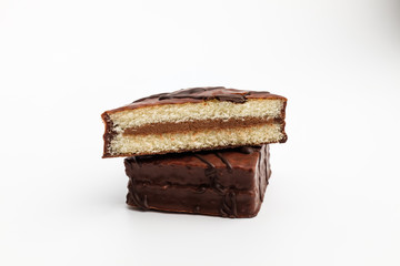 Chocolate dessert cake on white background