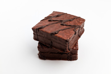 Chocolate dessert cake on white background