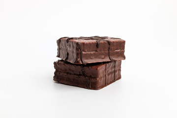 Chocolate dessert cake on white background