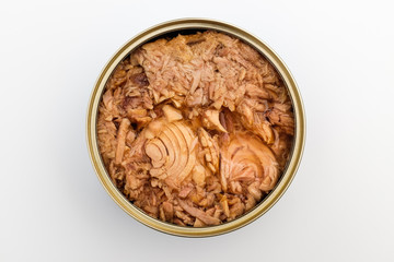 Canned tuna on white background