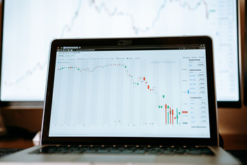 Stock market data fall drop chart on notebook 