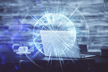 Double exposure of business theme icons and work space with computer background. Concept of success.