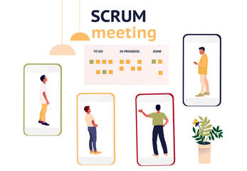 Stand-up meeting during covid-2019 quarantine vector illustration. Remote work. Home office. Agile and scrum methodology. Scrum master with developer team. Kanban whiteboard with stickers. 