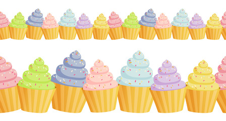 Vector seamless horisontal border with easter cupcakes. Happy Easter ornaments and decorative elements.