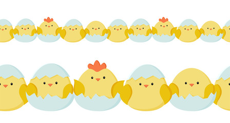 Vector seamless horisontal border with easter Chicken. Vector illustration in simple flat style.