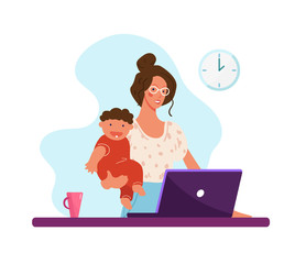 A modern woman holds a child in her arms and works at a computer. Concept illustration about choosing a career or family, distant work, career, freelance. Flat cartoon illustration isolated on white