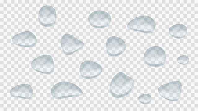 Water drops vector isolated on transparent background. Set of crystal clear bubble droplets. 3d rain drops are shown. Condensation surface or fogged glass. Splash of transparency