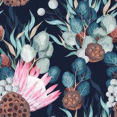 Vector seamless pattern with protea and greenery