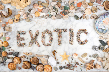 Fototapeta na wymiar inscription exotic with stones and shells lying on a marble background, composition of sea stones and seashells, word exotic written by stones, exotic word written with stones