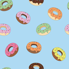 Fototapeta na wymiar cartoon stylized delicious mouth-watering little glazed chocolate donuts with sweet decor, seamless vector color pattern on a pale blue background