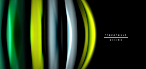 Abstract silk smooth lines on black, multicolored liquid fluid rainbow style waves on black