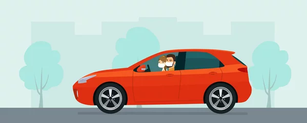 Zelfklevend Fotobehang Hatchback auto met een jonge man en vrouw in een medisch masker rijden op een achtergrond van abstract stadsgezicht. Vectorillustratie vlakke stijl. © lyudinka