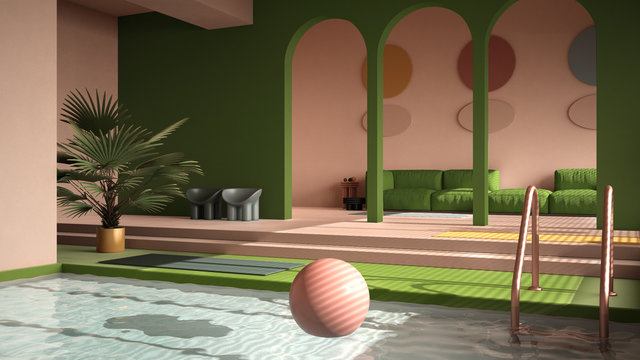 Colored contemporary living room with pool, pastel green colors, sofa, carpet, decors, steps and potted plants, copper pendant lamps. Interior design atmosphere, architecture idea