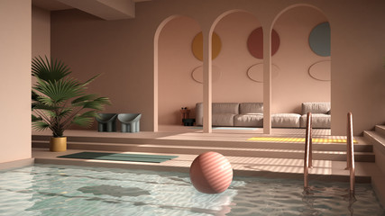 Colored contemporary living room with pool, pastel rosy colors, sofa, carpet, decors, steps and...