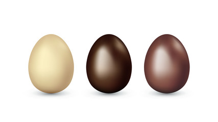 Set of eggs of white, dark, milk chocolate isolated on white background. Chocolate easter eggs. Easter gift. Holiday greeting card design element. Vector realistic illustration