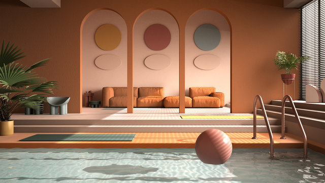 Colored contemporary living room with pool, pastel orange colors, sofa, carpet, decors, steps and potted plants, copper pendant lamps. Interior design atmosphere, architecture idea