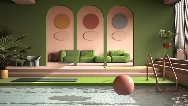Colored contemporary living room with pool, pastel green colors, sofa, carpet, decors, steps and potted plants, copper pendant lamps. Interior design atmosphere, architecture idea