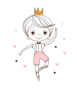 Cute dancer boy. The little prince is dancing ballet. Children s card with a character, hand-drawing, linear sketch. Vector illustration isolated on a white background