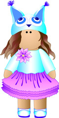 Vector graphics. Doll with brown hair. Pink skirt. Blue hat in the form of an owl. Blue jacket with a pink flower.