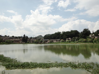 Beautiful landscape of hill pond architecture in Chinese rural