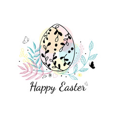 Cute Easter card with hand drawn easter egg, colorful leaves, butterflies and dots on white background. Egg Icon in doodle style. For festive banner, invitation, design elements. Vector illustration