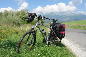Touring bike and road in the High Tatras, Slovakia.