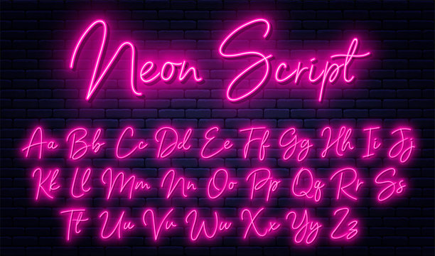 Glowing neon script alphabet. Neon font with uppercase and lowercase letters. Handwritten english alphabet with neon light effect