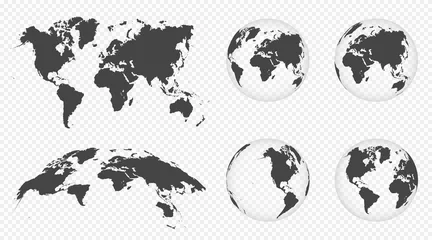 Foto op Aluminium Set van transparante bollen van de aarde. Wereldkaartsjabloon met continenten. Realistische wereldkaart in bolvorm met transparante textuur en schaduw. Abstracte 3d wereldbol icoon © Yevhenii