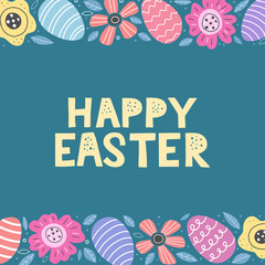 Cute Happy Easter card decorated by colorful doodle flowers and easter eggs. Happy easter papercut lettering. Vector illustration eps 10