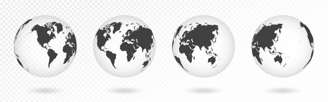 Set of transparent globes of Earth. Realistic world map in globe shape with transparent texture and shadow. Abstract 3d globe icon