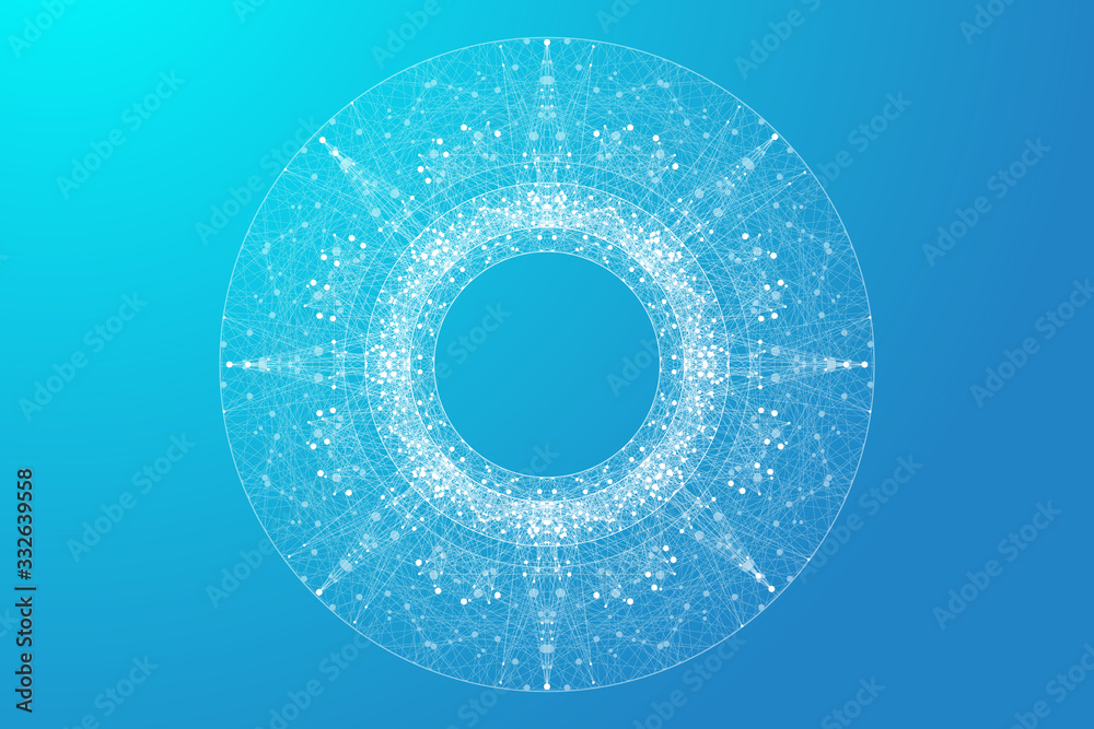 Poster Abstract dynamic motion lines and dots background with colorful particles. Digital streaming background, wave flow. Plexus stream background. Big Data technology, vector illustration