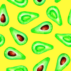 Seamless pattern with colorful watercolor avocado on a yellow background. Hand drawn illustration. Design for cards, posters, covers, paper, fabric and menu.