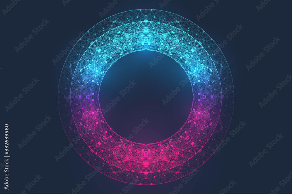 Leinwandbilder Circular quantum computer technology concept. Sphere explosion background. Deep learning artificial intelligence. Big data algorithms visualization. Waves flow. Quantum explosion, vector illustration