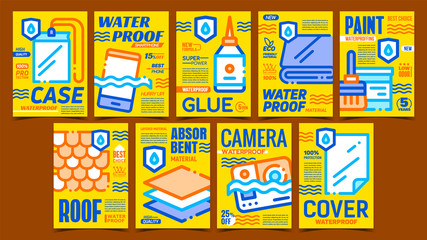 Waterproof Creative Advertising Posters Set Vector. Waterproof Camera And Mobile Phone, Protective Layers And Roof, Cover And Pouch, Glue And Paint. Concept Template Stylish Color Illustrations